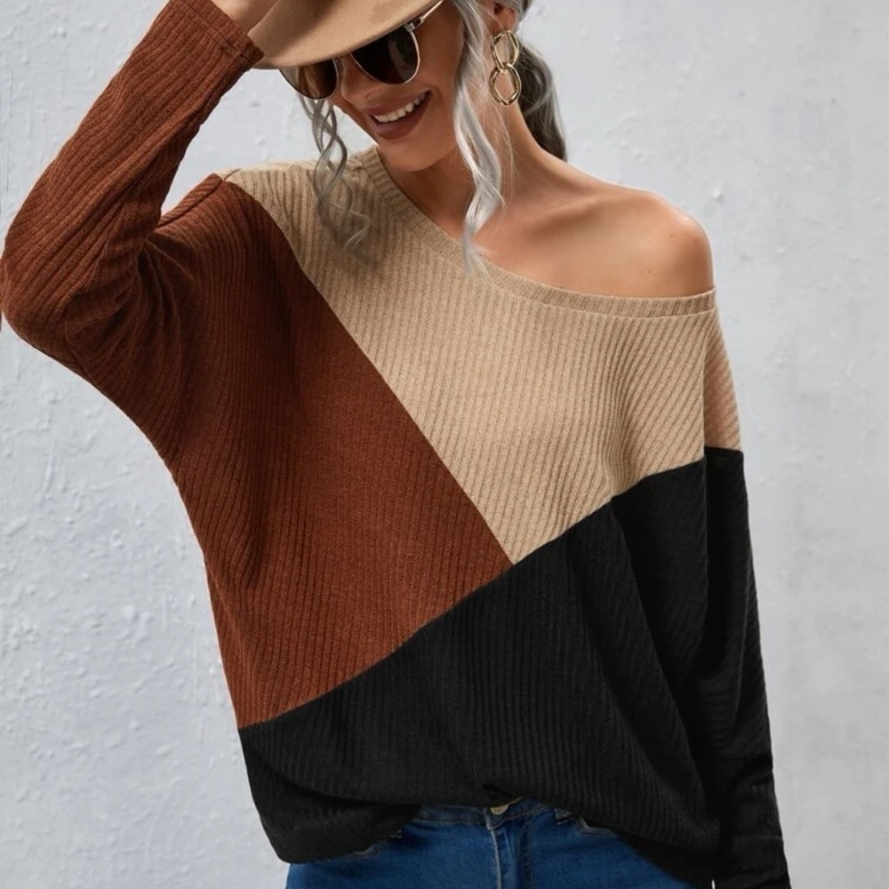 NWOT Multicolor Cut And Sew Panel Waffle Knit Sweater/Tee